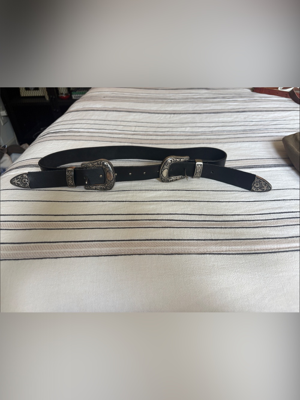 Black Leather Double Buckle Western Belt with Silver Detail